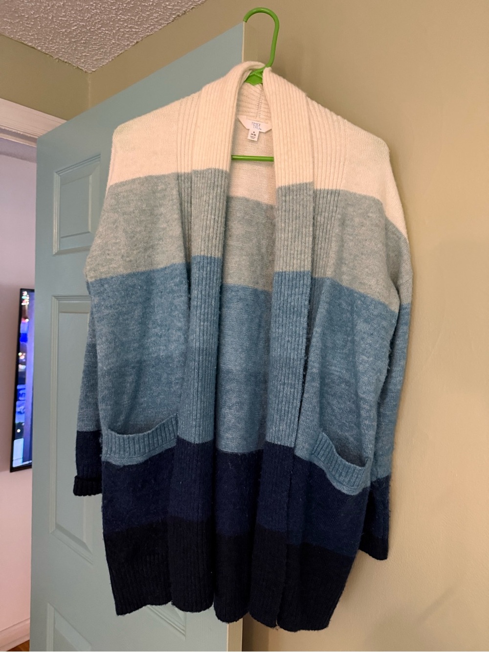 Time and Tru Cream and Blue Striped Open-Front Cardigan